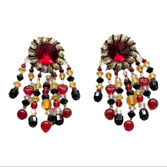 Sparkling brilliant Red gold black Swarovski Rivoli chandelier earrings pierced - Picture 8 of 11